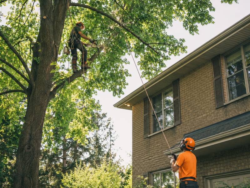 A Sarnia Tree Service climber working above a rooftop while a ground crew member handles a pole saw