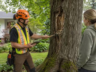 Crew member pointing out a trunk problem to a homeowner during a site visit