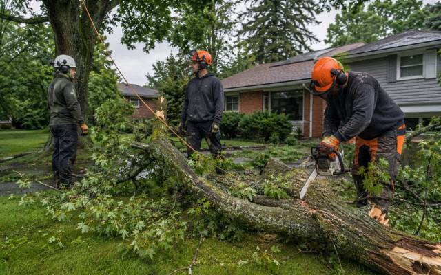 Three-person crew cutting apart a large fallen tree across a front lawn
