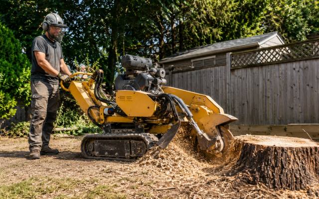 Stump grinder cutting through a stump with wood chips piling up behind a fence