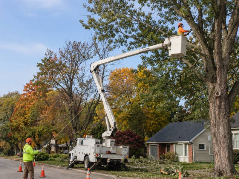 Bucket truck raised into a street tree with autumn colour along a residential road